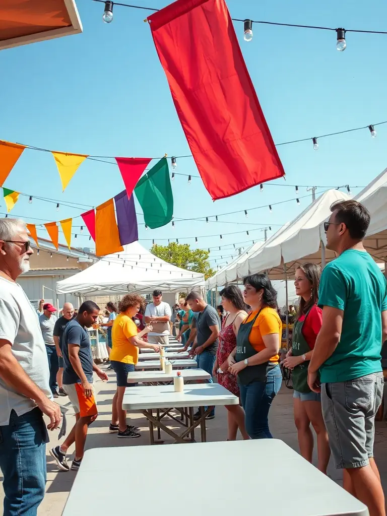 A diverse group of volunteers joyfully setting up decorations for a MAKUSSA community arts festival in Dijon, France, showcasing teamwork and community spirit.