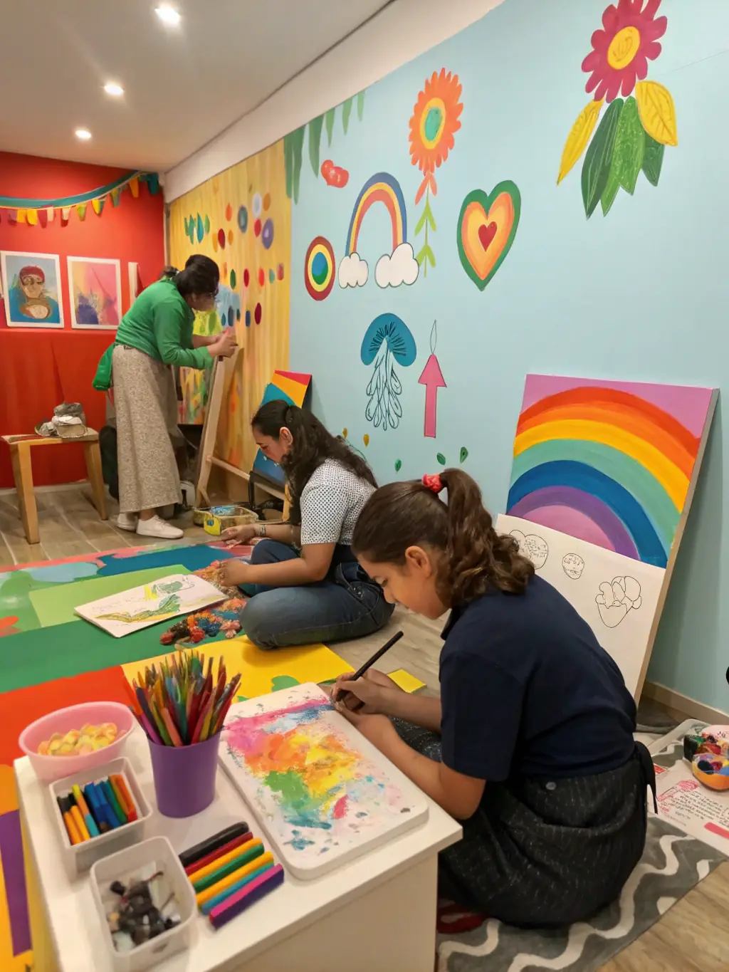 A vibrant photograph capturing a community art workshop in progress, showcasing participants of diverse ages and backgrounds engaged in painting and crafting, reflecting MAKUSSA's commitment to accessible creative expression.