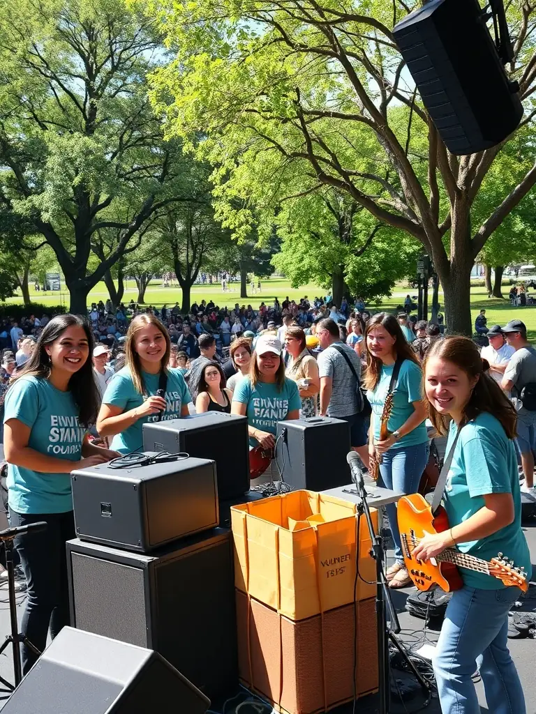 A photograph of volunteers working together to set up an outdoor art exhibition in a public space, demonstrating MAKUSSA's commitment to accessible art experiences.