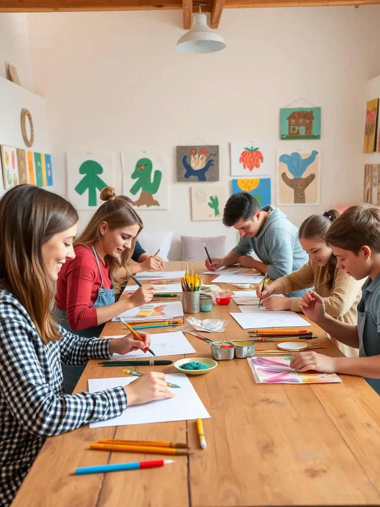 A vibrant photograph capturing participants of all ages engaged in a collaborative art project during a MAKUSSA workshop, showcasing community engagement and creative expression.