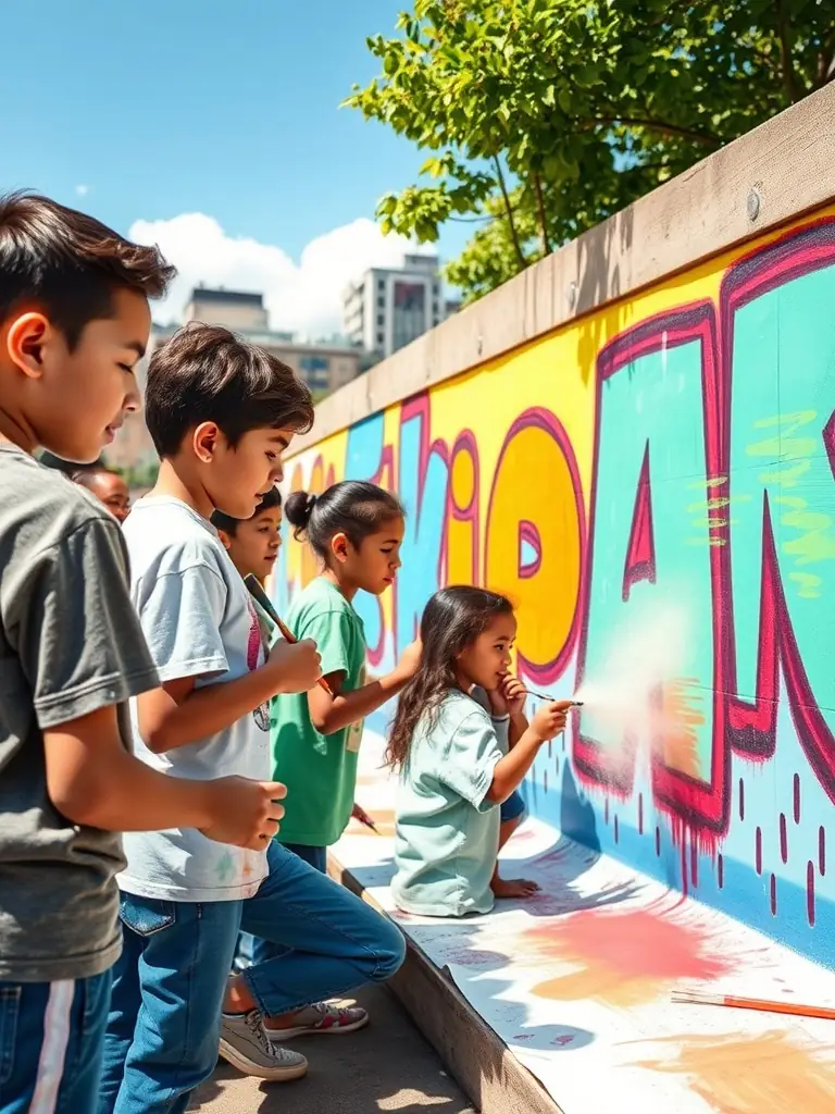 A group of young adults collaborating on a mural project organized by MAKUSSA, illustrating the development of new skills and creative expression.