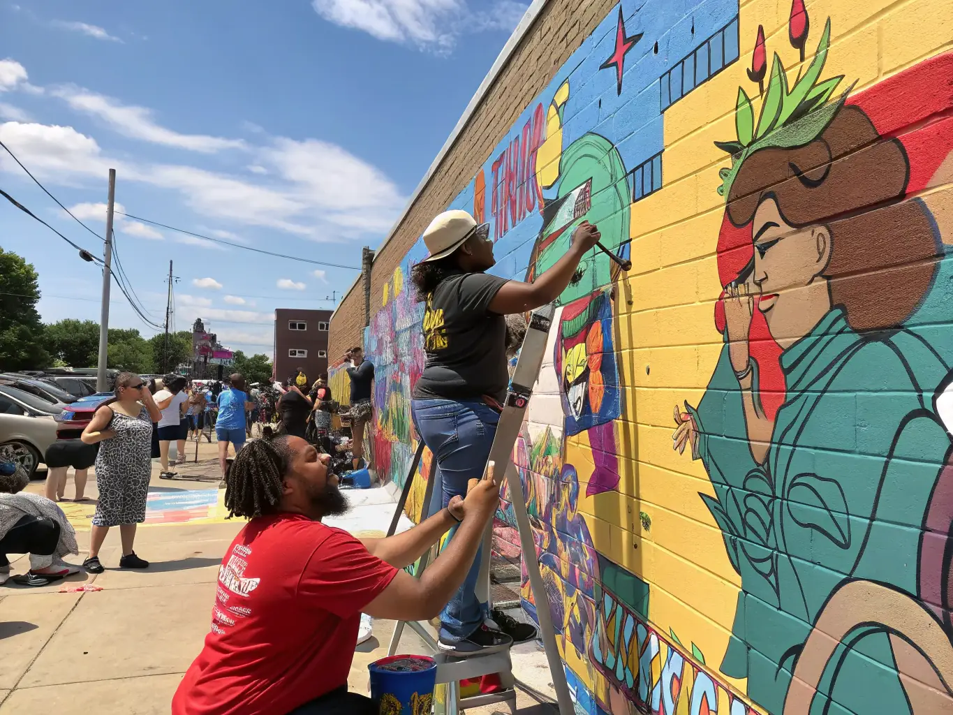 A vibrant image depicting participants engaged in a collaborative mural painting activity at a MAKUSSA community event, showcasing teamwork and artistic expression.