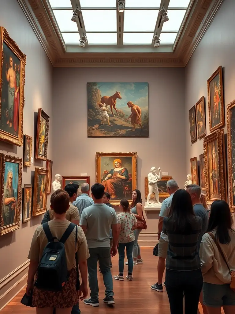 A photograph of a MAKUSSA-sponsored cultural exhibition, displaying artwork from emerging artists, with visitors admiring the pieces and engaging in conversations about the art.