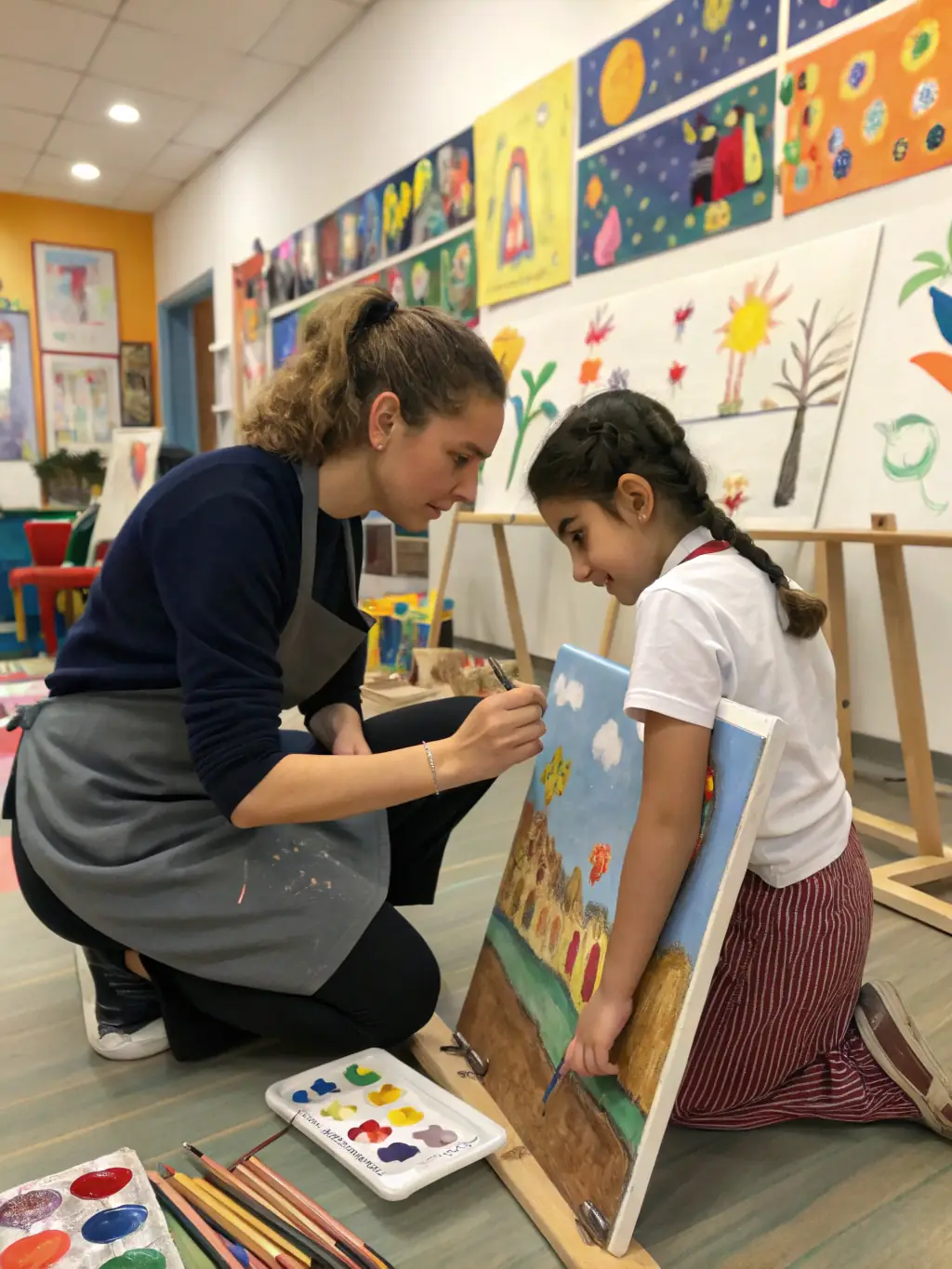 A volunteer artist leading a children's art workshop at a MAKUSSA event, demonstrating the sharing of skills and intergenerational connection.