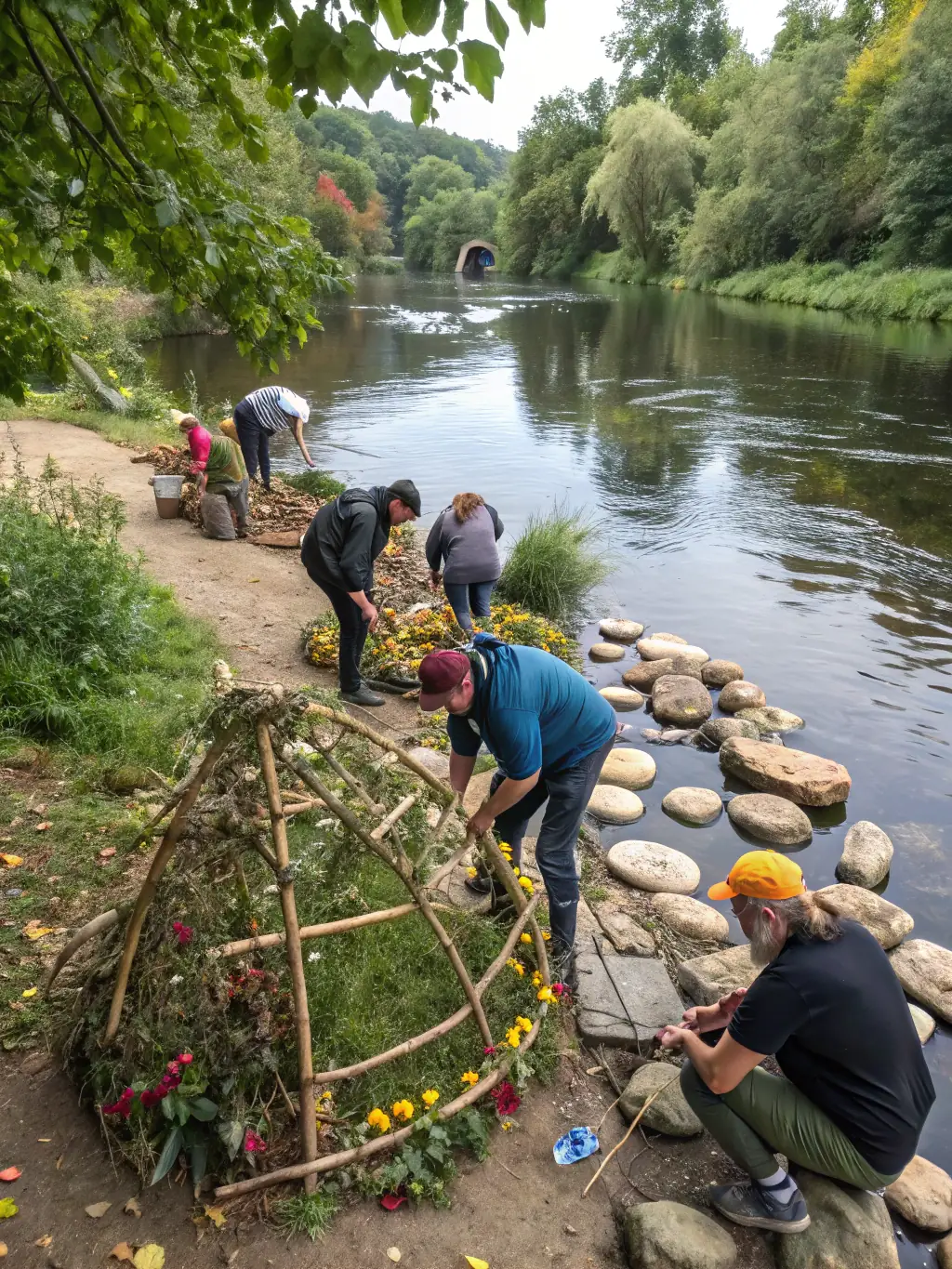 An image of volunteers working together to set up an art installation for a MAKUSSA event, emphasizing the organization's reliance on community support and collaboration.