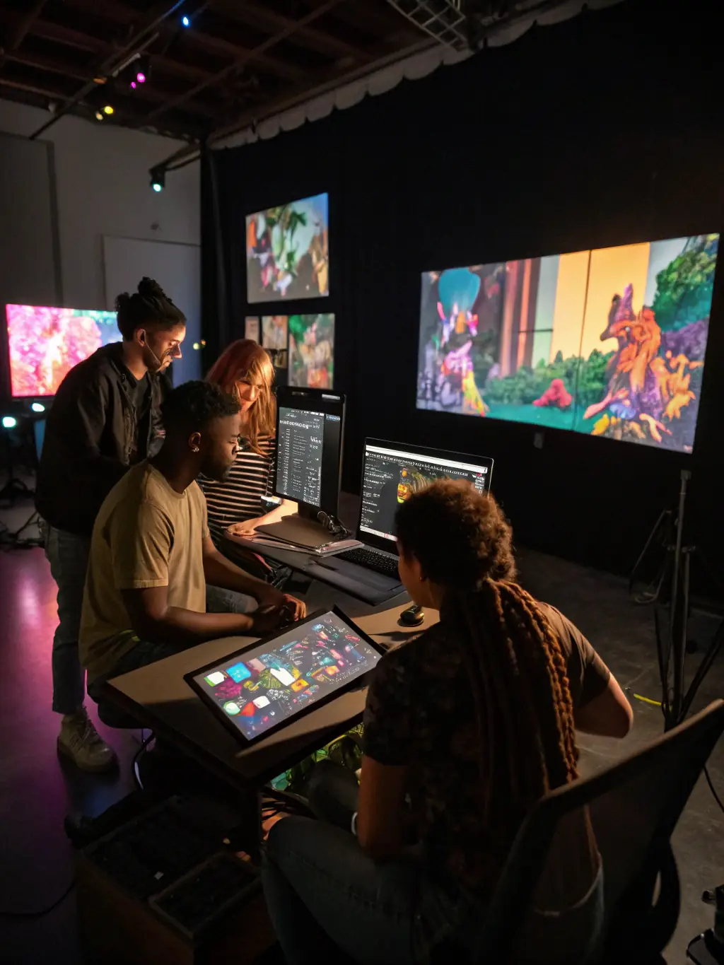 A vibrant photograph capturing a diverse group of participants engaged in a collaborative art project during a MAKUSSA workshop, showcasing the organization's commitment to inclusive artistic expression.